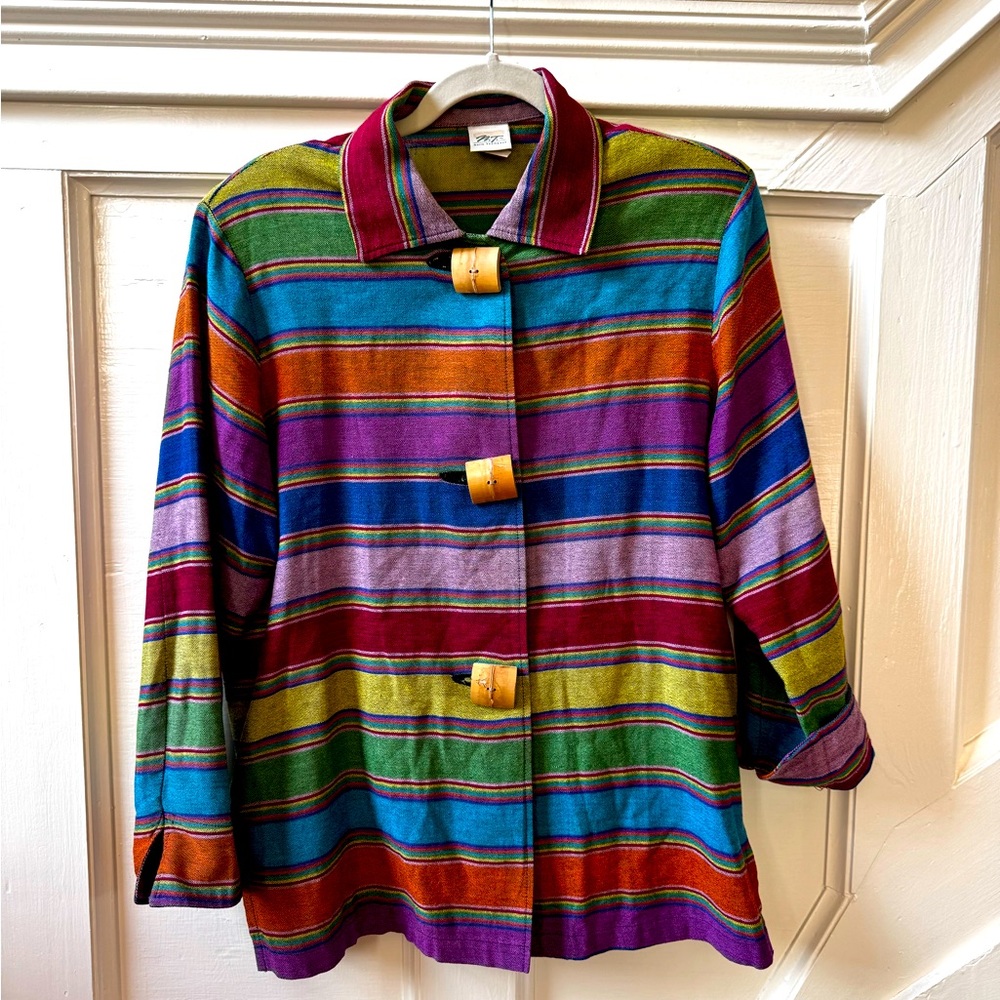Vintage Norm Thompson colorful cotton striped shirt jacket with bamboo buttons